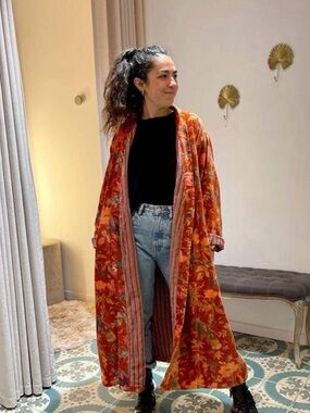 Boho Floral Long Duster Coat in Warm Rust Tones